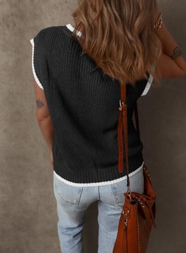 Dokotoo White Tank Top Round Neck Cap Sleeve Color Block Cable Knit Womens Tops Tank Top for Women Sweater Vest Women Vest for Women Black Large - Thumbnail 3