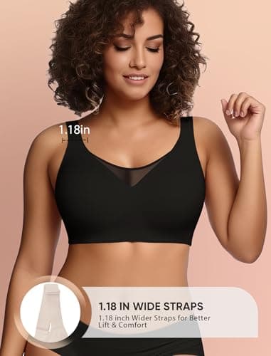 Easybunny Wireless Bras for Women Seamless Supportive V Mesh Bralette Minimizers Comfortable Tshirt Bra for Older Women Black 4XL - Thumbnail 3