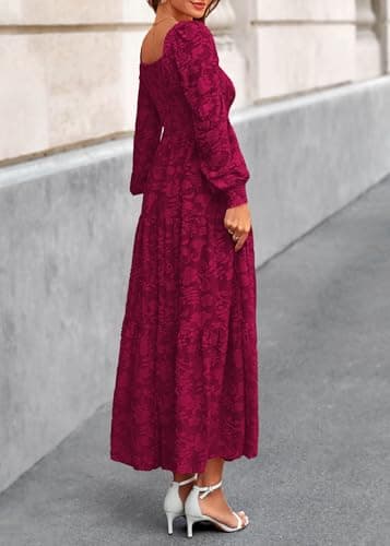 KIRUNDO Wedding Guest Dresses for Women 2026 Fall Long Sleeve Smocked Floral Flowy Spring Baby Shower Maxi Dress Pockets (Burgundy, Medium) - Thumbnail 2