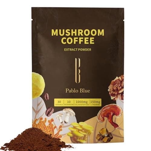 Pablo Blue Instant Mushroom Coffee & Collagen Coffee with 10 Organic Mushrooms – Lion’s Mane, Chaga, Reishi, L-Theanine in Mushroom Instant Coffee for Focus, Skin, Gut Health & Immunity, 30 Serv. - Image 1