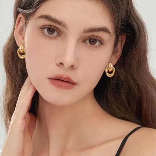CUFELMU Gold Geometric Drop Dangle Earrings for Women Stud Small Twisted Link Earrings 14K Gold Plated Jewelry Gifts - Thumbnail 3