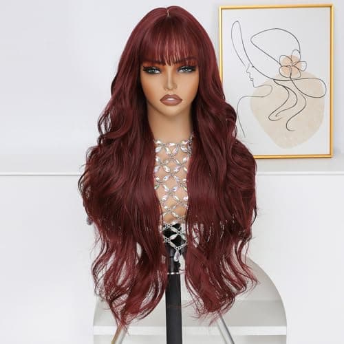 Barbique Burgundy Wig, Long Wavy Wig with Bangs, Glueless Wig Natural Hairline, Ready to Wear for Work Party Daily Use Beginner Friendly