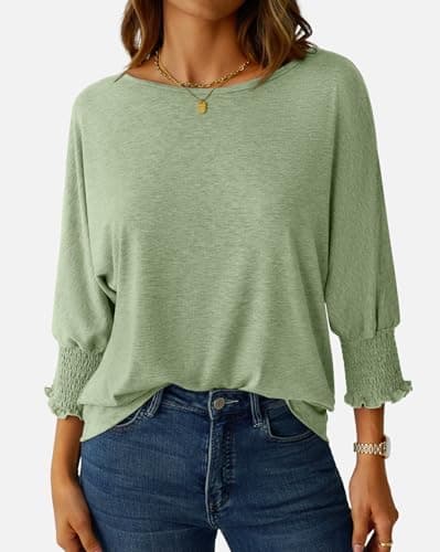 NORACORA 3/4 Sleeve Womens Tops Fall Clothes Casual Spring Summer Lightweight Loose Fit Basic Tunic Shirts Business Dressy Casual Blouses with Smocked Cuffs Grass Green XL - Thumbnail 2