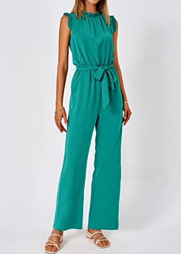 KIRUNDO Jumpsuits For Women Dressy Summer One Piece Sleeveless Ruffle Mock Neck Belt Pockets Formal Wide Leg Pants Romper(Lake Blue, XX-Large) - Thumbnail 4