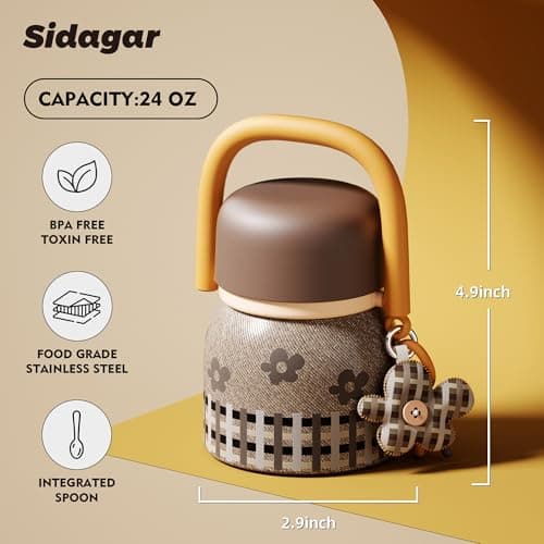 Sidagar 24 oz Insulated Food Jar with Handle, Aesthetic Stainless Steel Vacuum Lunch Container for School Office, Keep Hot/Cold Soup, Oatmeal, Smoothie Bowl, Autumn Gingham - Thumbnail 2