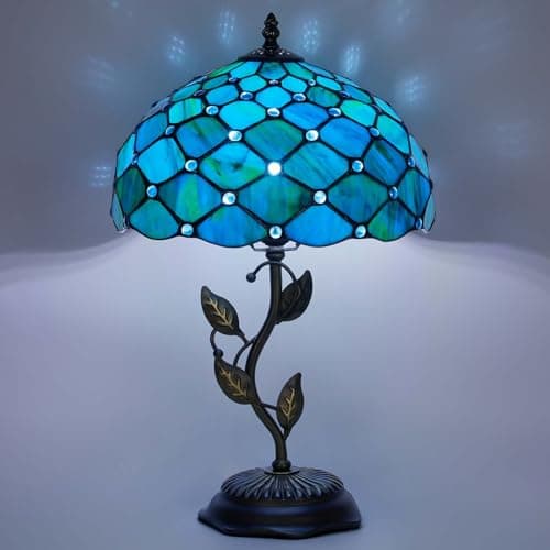 FILIUTF Stained Glass Table Lamp, Adjustable 3 Color Temperature, Blue Green Style Lampshade & Metal Leaf Base Desk Reading Light 12X12X19 Inches Decor for Bedroom Living Room Office - Image 1