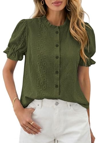 PRETTYGARDEN Womens Puff Short Sleeve Tops 2026 Summer Spring Button Down Boho Embroidered Cute Blouse Dressy Casual Shirts (Army Green,X-Large) - Image 1
