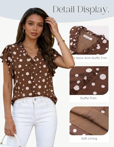 GRACE KARIN 2026 Boho Tops for Women Dressy Casual,Ruffle Sleeve Chiffon Blouses,V Neck Summer Fashion Clothes Chestnut XL - Thumbnail 4