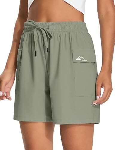 EZRUN Women's 5" Hiking Shorts Lightweight Quick Dry Athletic Shorts with Pockets Casual Golf Summer Cool Water Resistant (Khaki,XXL)