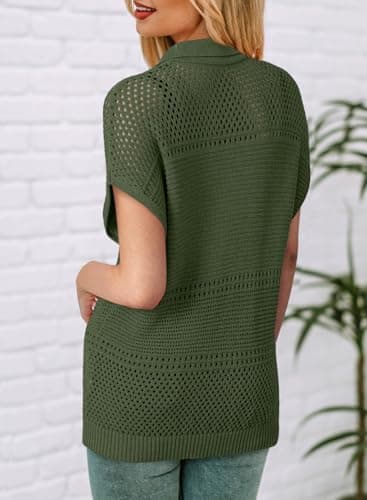 Dokotoo Womens Spring Summer Tops 2026 Dressy Casual Blouses V Neck Knit Tops Pullover Short Sleeve Sweater for Women Loose Fit Tunic Tops Polo Shirts for Women Green Tops Business Casual Clothing S - Thumbnail 2