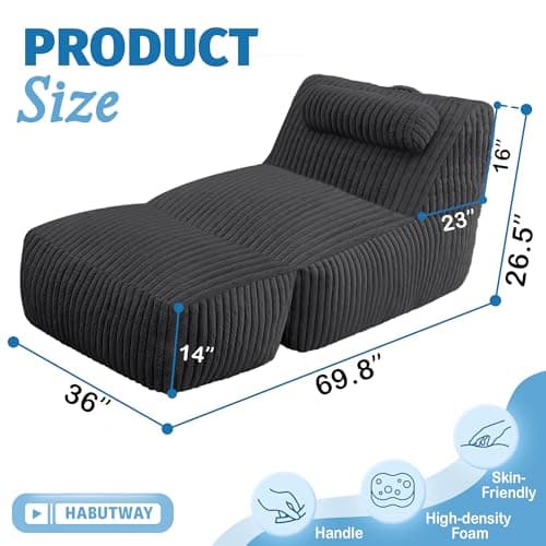 HABUTWAY Giant Bean Bag Chairs for Adults,Big Bean Bag Lounger with Removable Cover,Large BeanBag Chair with Ottoman&Storage Pocket,Memory Foam Filled Bean Bag Sofa for Living Room,Bedroom-Plush Black - Thumbnail 2