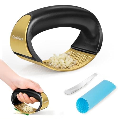 Cook Guy 304 Stainless Steel Garlic Press Rocker Set - Premium Garlic Mincer, Crusher, Peeler, and Scraper Tool for Effortless Mincing - Comfortable Grip Garlic Grinder (Gold)