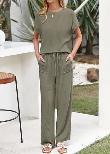 KIRUNDO 2 Piece Sets for Women Dressy Casual Ribbed Knit Short Sleeve Tops Wide Leg Pants Lounge Set Travel Airport Outfits(Sage Green, Small) - Thumbnail 5