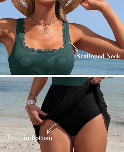 Charmo Swimdress Women Tummy Control Swimsuits Women Bathing Suit Scalloped One Piece Swimsuit Women Green and Black L - Thumbnail 4