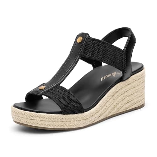 Athlefit Women's Espadrille Platform Wedge Sandals Comfortable Dressy Casual Open Toe Elastic Strap Black Sandals with Arch Support for Summer Walking Size 8.5 - Image 1