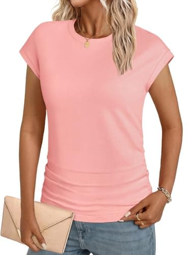 GKBK Womens Summer Cotton Tops Ruched Cap Short Sleeve Tshirts Crew Neck Shirts Fashion Coral XXL - Thumbnail 2