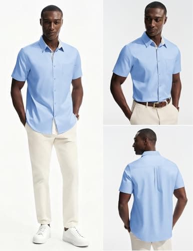 PJ PAUL JONES Mens Lightweight Dress Shirt Short Sleeve Untucked Shirts Casual Wrinkle Free Button Down Shirts Sky Blue S - Thumbnail 2