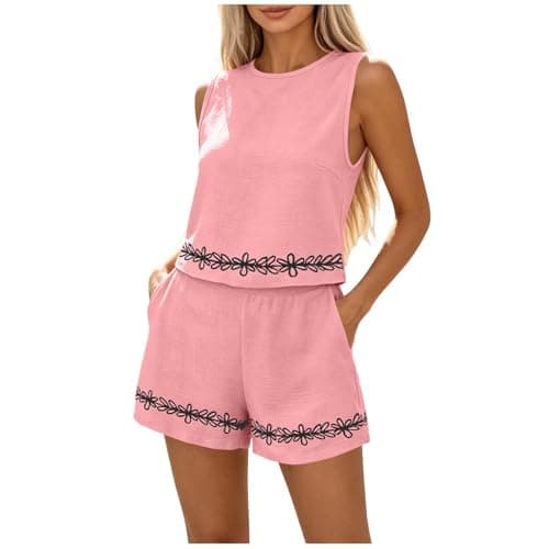 Tank Top Pajamas Set for Women, 2 Piece Shorts Linen Set Crew Neck Lace Trim Sleeveless Sleepwear, Casual Soft Comfy Lounge Sets Pjs Loungewear for Summer Pink S - Image 1