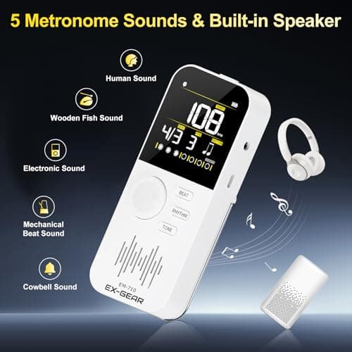 EX-GEAR Digital Metronome, Rechargeable Electronic Metronome with Color LCD Screen, Wide Tempo Range & Multiple Time Signatures for Piano, Guitar, Violin, Drums & All Instruments - Thumbnail 5