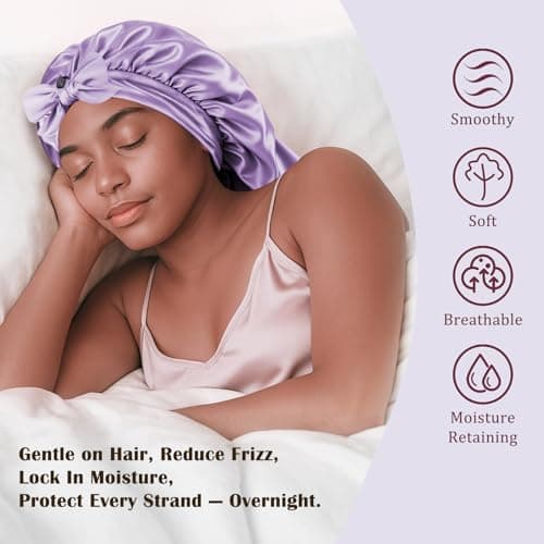 Women's Silky Bonnet - Long Tie Sleep Cap, Curly/Natural Hair, Adj. Night Hat, +10 Scrunchies, Mom/Wife - Thumbnail 4