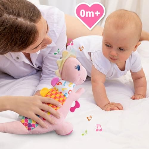 Baby Dino Plush Soft Stuffed Animal Toy for 0-3-6-12+ Months,Infant Musical Toy with Rattle,Squeaker,Sensory Crinkle,Teether & Textures,Tummy Time Toys Christmas Baby Gift for Newborn Girl(Pink) - Thumbnail 5