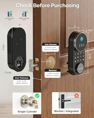 Smart Lock AH1, SMONET Fingerprint Keyless Entry Door Lock with Apple Home Key, WiFi Front Door Deadbolt Touchscreen Keypad with App Remote Control Supports Apple HomeKit, Alexa, Google Assistant - Thumbnail 6