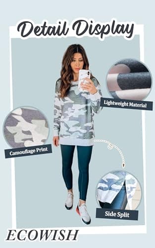 ECOWISH Women Side Split Sweatshirt: Fall Crewneck Long Sleeve Oversized Camo Shirts Casual Camouflage Print Pullover Tops 017 Beige L 017 Beige M - Thumbnail 4