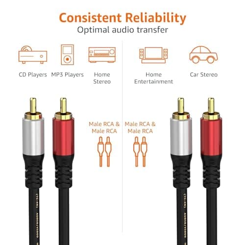 ITIFANLY 2RCA Male to Male Audio Cable, 2RCA Cable with 24K Gold Plated Connectors for TV, Amplifier, Home Theater, Gaming Console 6ft (1.8M) - Thumbnail 3