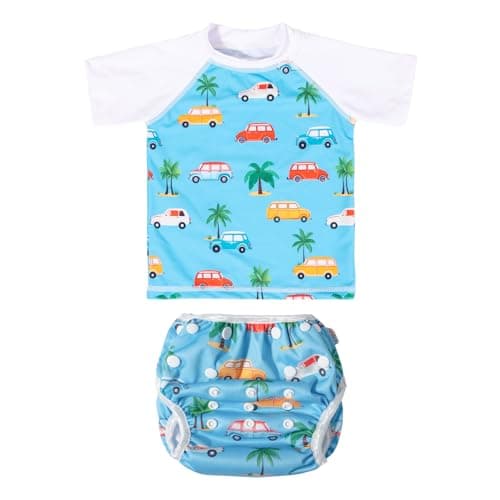 ALVABABY Baby Boy Swimsuit, 2-Piece Infant Toddler Bathing Short Sleeve Swimwear, Small Baby Reusable Swim Diaper with Matching Top - Image 1