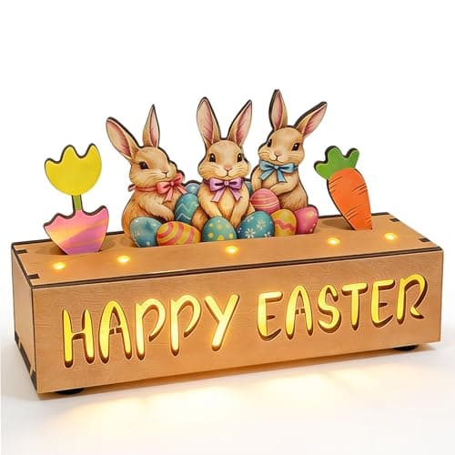 Happy Easter Decorations with LED Lights, Wooden Easter Decor Gifts for Table, Lighted Happy Easter Sign with Bunny, Carrots, Tulip and Easter Eggs, for Spring Mantel, Tiered Tray, Home Desk 8.6 inch
