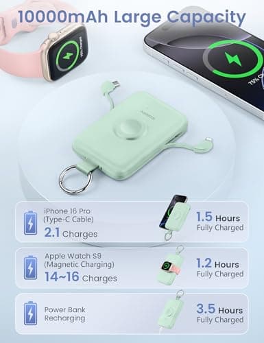 RORRY CharmGo Portable Charger, 10000mAh 20W Fast Charging Portable Charger Power Bank with Built in Cables, Travel Battery Pack for iPhone 17/16/15/14/13/12 and Apple Watch, Green - Thumbnail 5