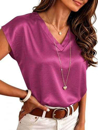 RUMIA Satin Blouses for Women Dressy Casual V Neck Cap Sleeve Shirts 2026 Summer Business Work Blouse Outfits Trendy Fuchsia - Image 1