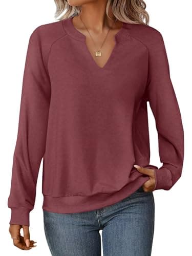 GKBK Womens Sweatshirts Long Sleeve V Neck Tops Fall Winter Basic Casual Lightweight Pullover Shirt Wine - Image 1