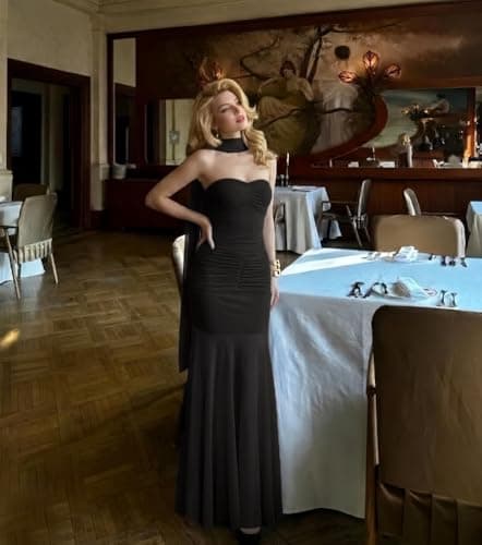 Curvphilo Women's Strapless Ruched Bodycon Mermaid Maxi Dress with Neck Scarf Formal Evening Prom Wedding Guest Gown Black - Thumbnail 2
