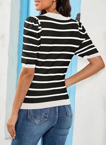 Dokotoo Shirts for Women 2024 Fashion Spring Summer Knit Top Short Puffer Sleeve Sweater Business Casual Outfits Collared T Shirts V Neck Blouses Old Money Clothes Black and White Stripes Shirts S - Thumbnail 2
