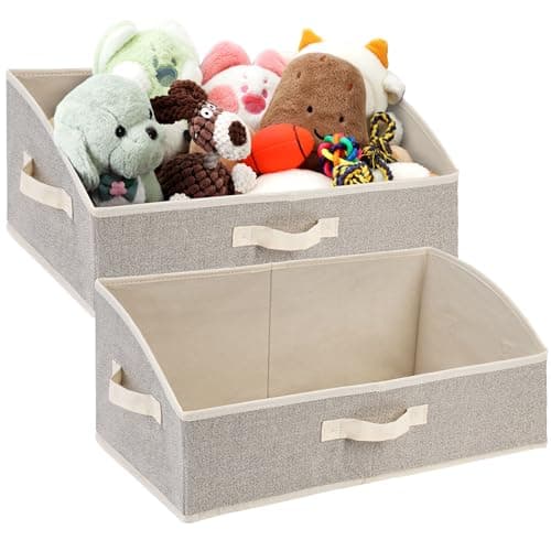 Jumpress 2 Pack Dog Toy Basket, Collapsible Cat Dog Toy Bin with Handles, Fabric Trapezoid Dog Toy Box Storage for Pet Dog Toys,Blankets,Clothes and Accessories (Ecru) - Image 1