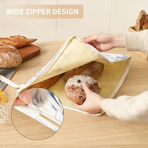 Wide Zipper Access Cotton &Beeswax Bags for Homemade Bread 2 Pack XL Reusable Beeswax Bread Bags for Homemade Bread Freezer Organic Cotton Food Storage Bags to Keep Fresh - Thumbnail 4