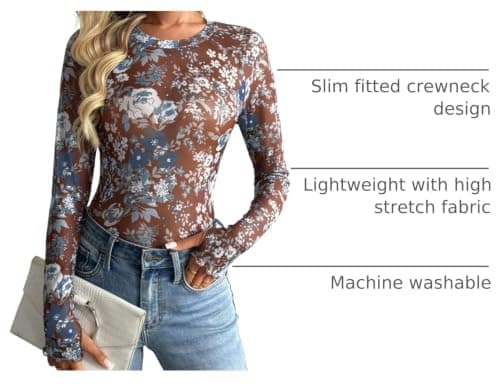 Dealmore Womens Mesh Sheer Lace Going Out Slim Fitted See Through Tops Spring Fashion Clothes 2026 Outfits Brown M - Thumbnail 4
