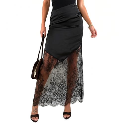 Women's 2026 Lace Patchwork Bodycon Skirt - High Waist Elegant Solid Maxi Long Skirt (US, Alpha, 3X-Large, Regular, Regular, Black) - Image 1