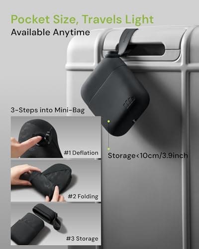 BENEUNDER Travel Neck Pillow for Airplane, Inflatable Compact 360°Head Support Pillow, Comfortable Breathable Cover for Travel, Train,Car with Storage Bag, Black - Thumbnail 6