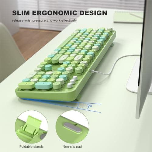 Atelus Computer Keyboard Wired, Typewriter Style, Plug Play USB Keyboard with Large Number Pad, Caps Indicators, Foldable Stands, Full Size Wired Keyboard for Windows PC Laptop (Green Colorful) - Thumbnail 4