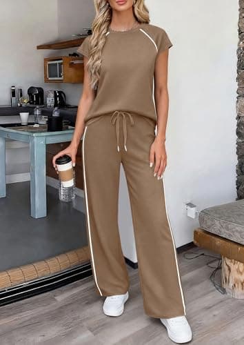 PRETTYGARDEN Two Piece Sets for Women 2026 Summer Vacation Outfits Cap Sleeve Tops Lounge Pants Matching Set Fashion Clothing (Khaki,X-Large) - Thumbnail 5
