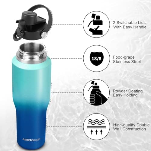 ABOTOCUP Insulated Water Bottle 32oz with Straw/Spout Lids, Stainless Steel Water Bottles Keep Cold 24h&Hot 12h, Metal Water Bottle with Straw that Fits in Cup Holder, Water Bottle Leak-proof,BPA Free - Thumbnail 5