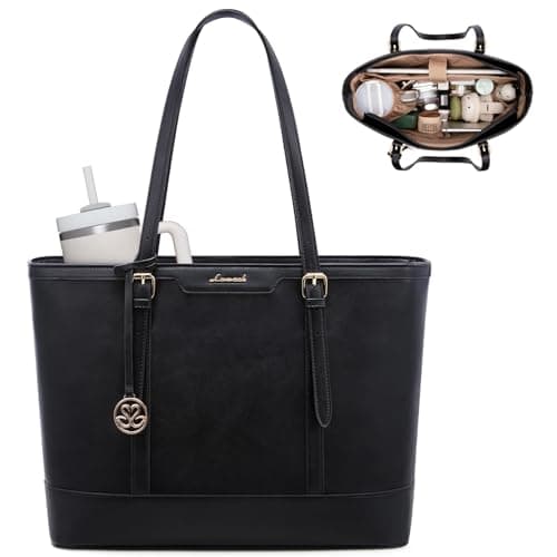 LOVEVOOK Laptop Bag for Women, 17.3 Inch Large Work Tote Bag with 40oz Cup Holder, Waterproof PU Leather Computer Briefcase for Teacher, Professional Business Shoulder Purse Black
