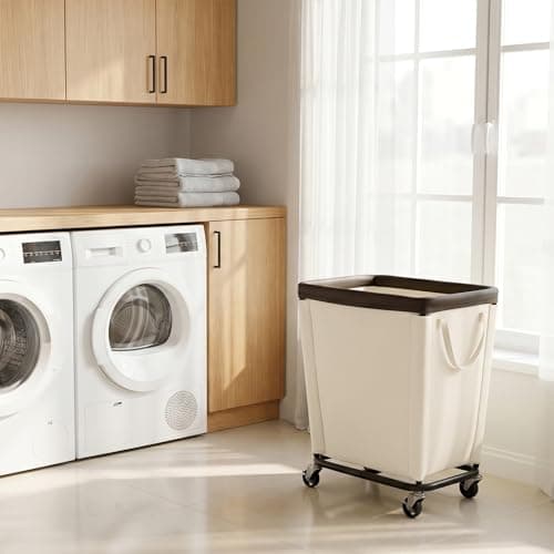 StorageWorks Basic Laundry Hamper with Wheels, 210L Large Rolling Laundry Basket, Heavy Duty Dirty Clothes Hamper for Home and Laundry Room, Beige - Thumbnail 5