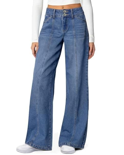 Flvsun Women's Wide Leg Jeans High Waisted Stretchy Straight Leg Jeans Trendy Seamed Front Loose Fit Denim Pants Mid Blue XS - Image 1