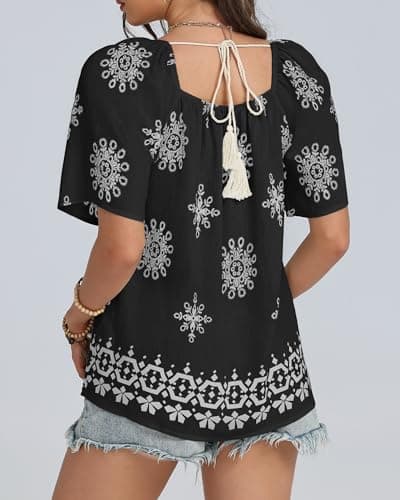 IEEILULU Womens Summer Boho Tops Floral Print Square Collar Loose Fit Blouses Tunic Casual Beach Vacation Shirts Black White XXL - Thumbnail 2
