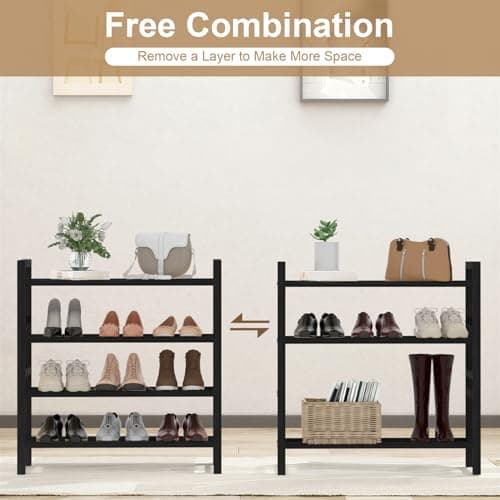 Haddockway Bamboo Shoe Rack for Closet, Free Standing Shoe Organizer with Smooth Round Rods & Convenient Handles, Stackable Shoe Storage Shelf for Entryway, Hallway(Black, 4-Tier(Small)) - Thumbnail 5