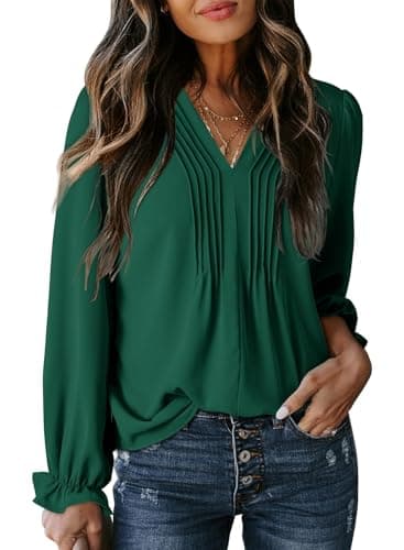 Dokotoo Dressy Tops for Women Trendy Long Sleeve Green Blouses Fall Smocked Tunic Tops Fashion V Neck Casual Shirts Loose Pleated T-Shirts Small - Image 1