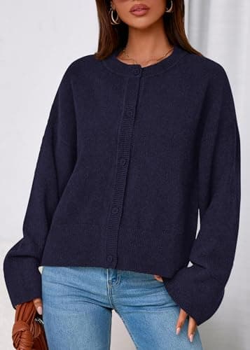 KIRUNDO Cardigan Sweaters for Women 2026 Fall Oversized Puff Long Sleeve Button Up Casual Spring Chunky Vacation Outfits(Navy, Medium) - Thumbnail 6
